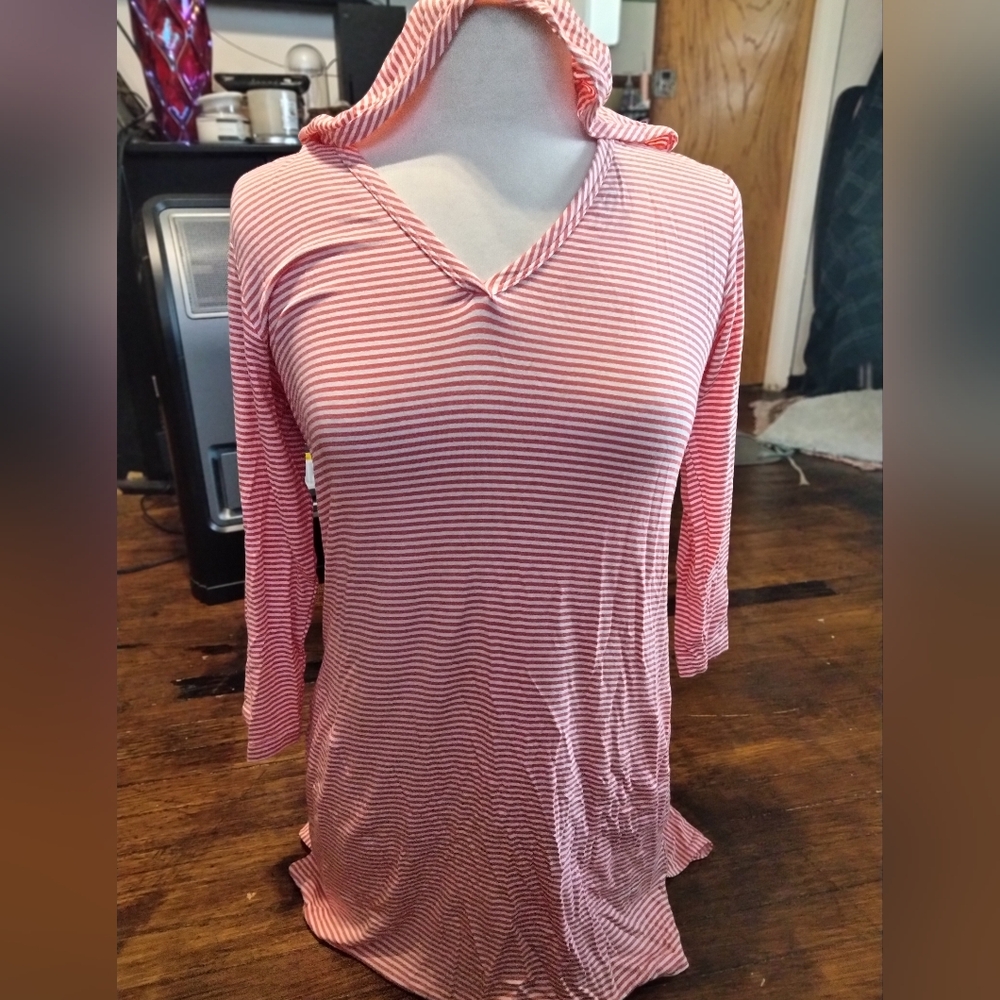 Yala Bamboo Red and White Striped Tunic With Hood Women's Size S